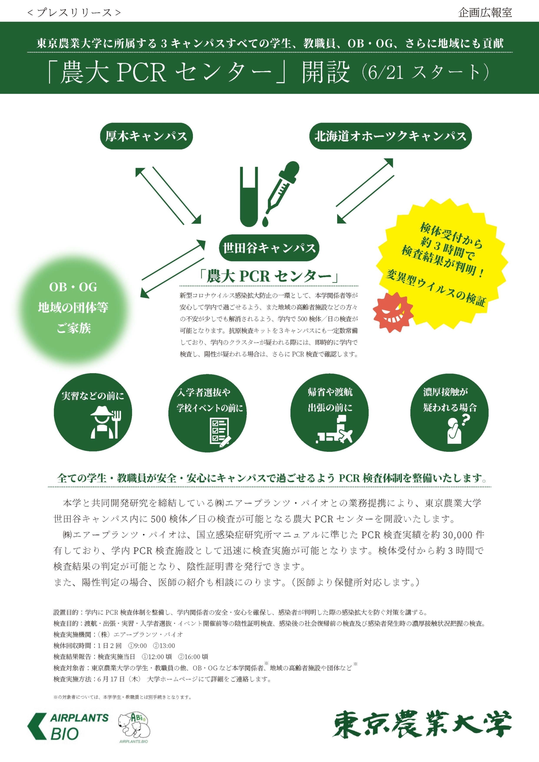 「農大PCRセンター」を開設(6／21スタート)　
東京農業大学世田谷キャンパス内に500検体／日の検査が可能