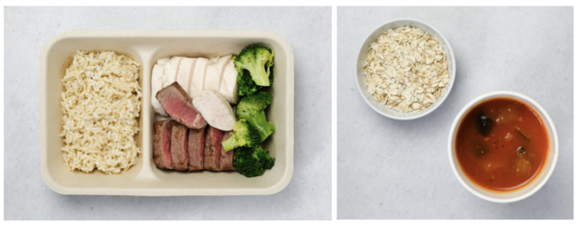 （画像左：鶏胸肉60g+牛サーロイン60gとブロッコリー、画像右：翌日の朝食用日替わりスープとオートミール）