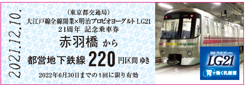 大江戸線全線開業×明治プロビオヨーグルトLG21　21周年 記念乗車券のデザイン（赤羽橋）