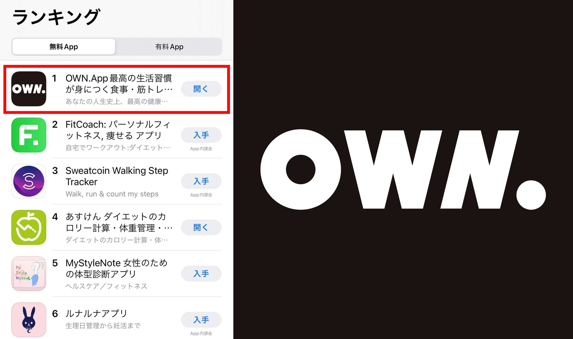 【ランキング1位】「OWN.」がAppStore（無料ヘルスケア/フィットネス/国内）で1位｜東京通信
