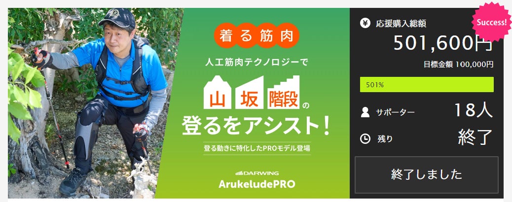 【Makuakeで501％達成！】人工筋肉テクノロジーで山・坂・階段を登りやすく！着る筋肉「DARWING ArukeludePRO（ダーウィン アルケルデプロ）」が一般販売開始！