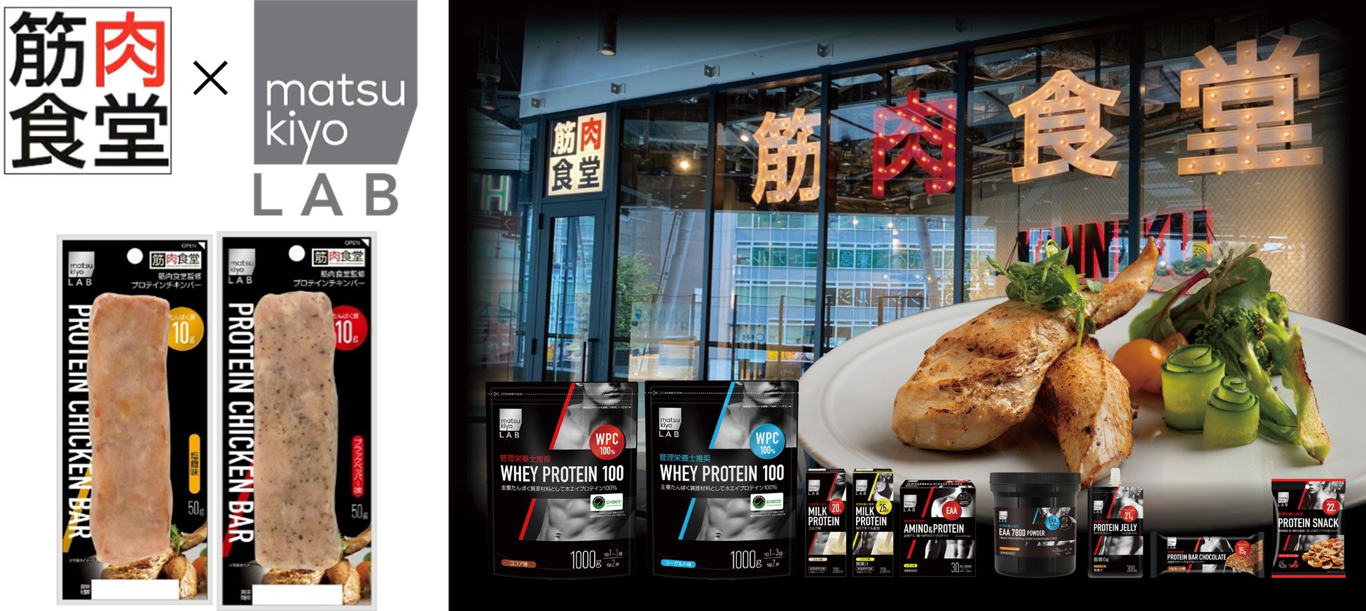 たんぱく質をおいしく摂れるグリルダイニング「筋肉食堂」とのコラボ商品が登場　「matsukiyo LAB プロテインチキンバー」５月11日販売開始