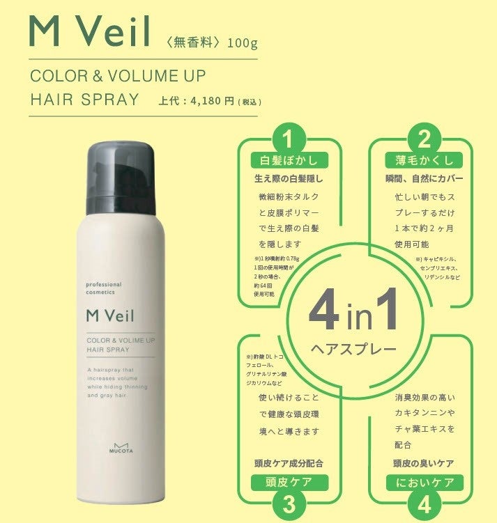 スタイリングと同時に白髪・薄毛隠しができる！4in1スプレーの『M Veil(エムヴェール)』2024年５月22日発売