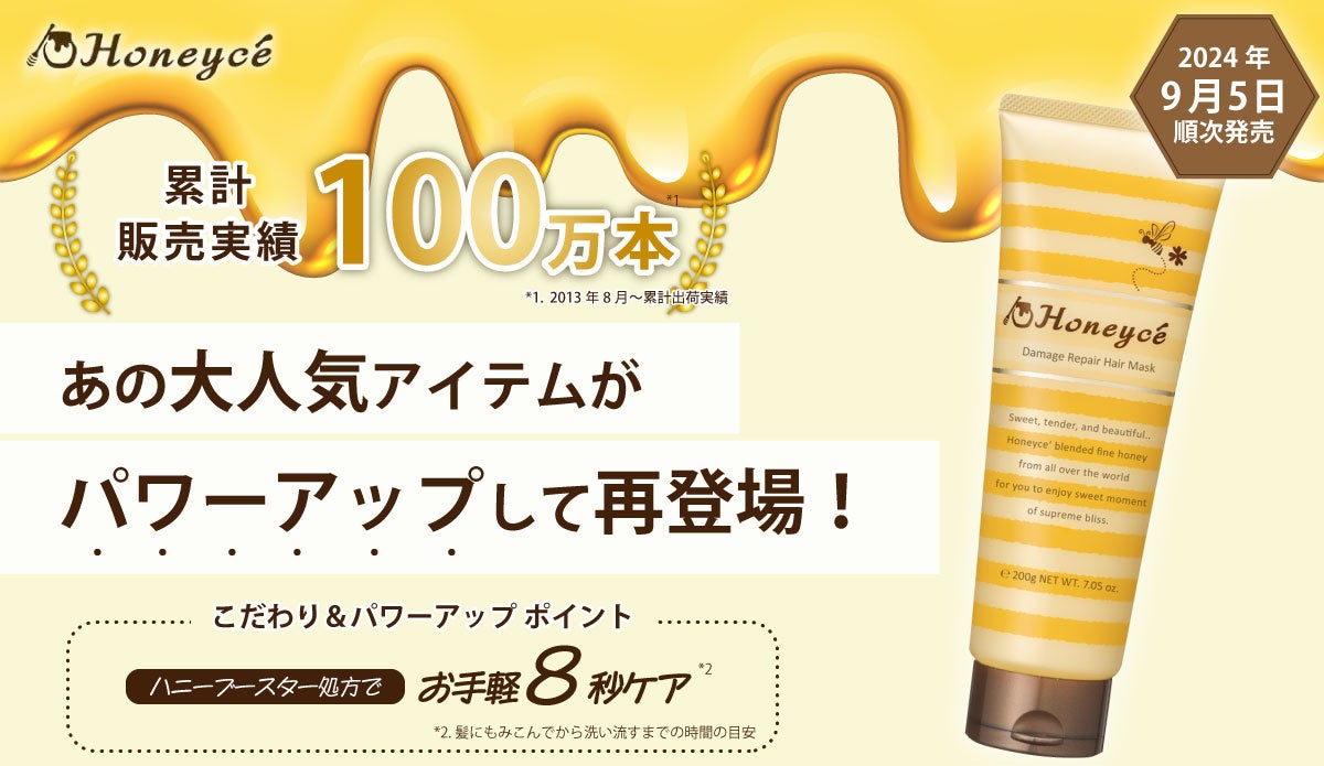 累計販売本数100万本突破！Honeycé（ハニーチェ）の人気アイテムが改良復刻　塗布時間8秒で時短ケアできる「ハニーチェ ダメージリペア ヘアマスク」を9月5日より順次発売