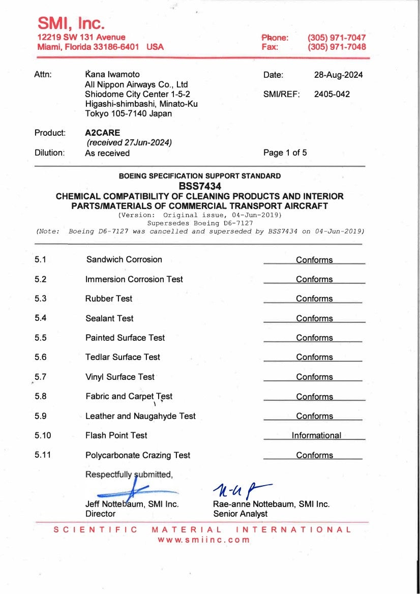 除菌消臭剤A2Careはボーイング規格BSS7434の適合性を確認