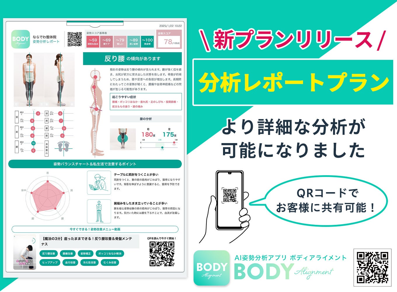 AI姿勢分析アプリ「BODY Alignment(ボディアライメント)」、新たに「分析レポートプラン」を発表！