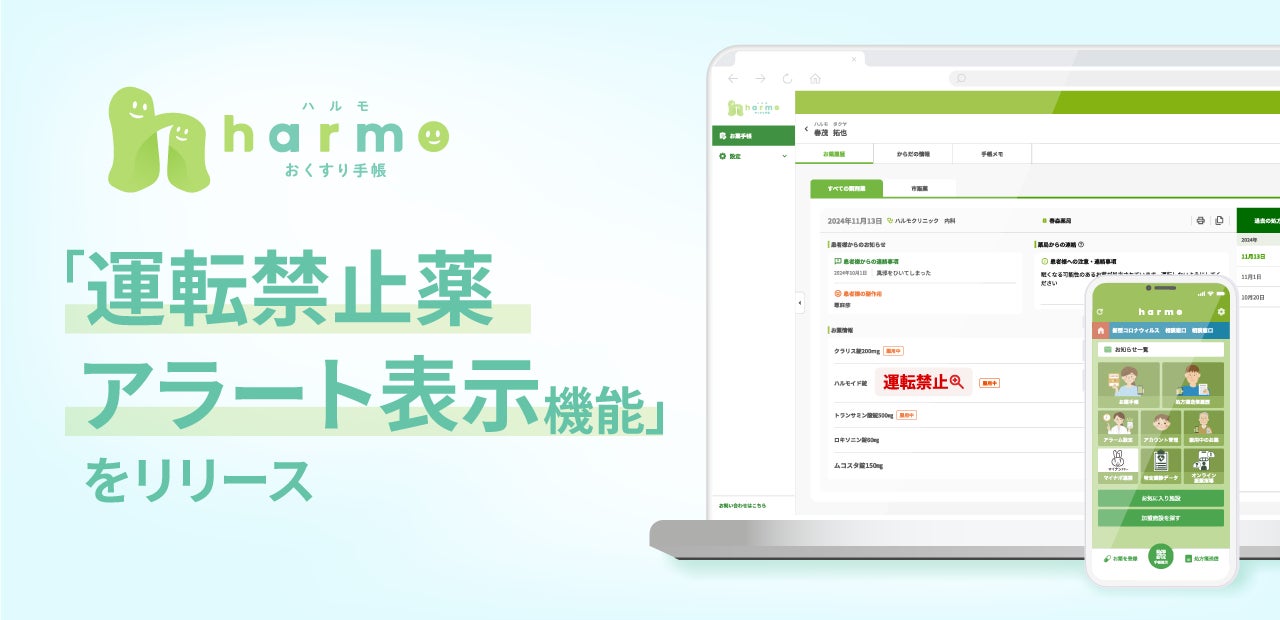 harmoおくすり手帳、「運転禁止薬アラート表示機能」をリリース