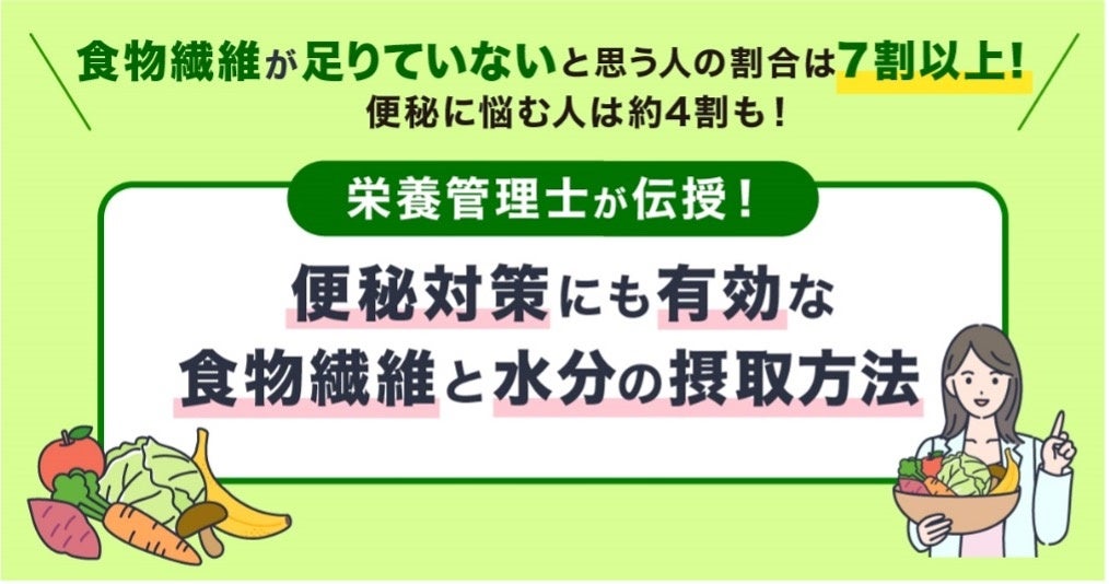 食事摂取基準(2025年版)で食物繊維がより重要視！1日25g以上の摂取が望ましいことを知らない人の割合は87.9％。7割以上が「食物繊維が足りていない」と回答、約4割が便秘で悩んでいる結果に。