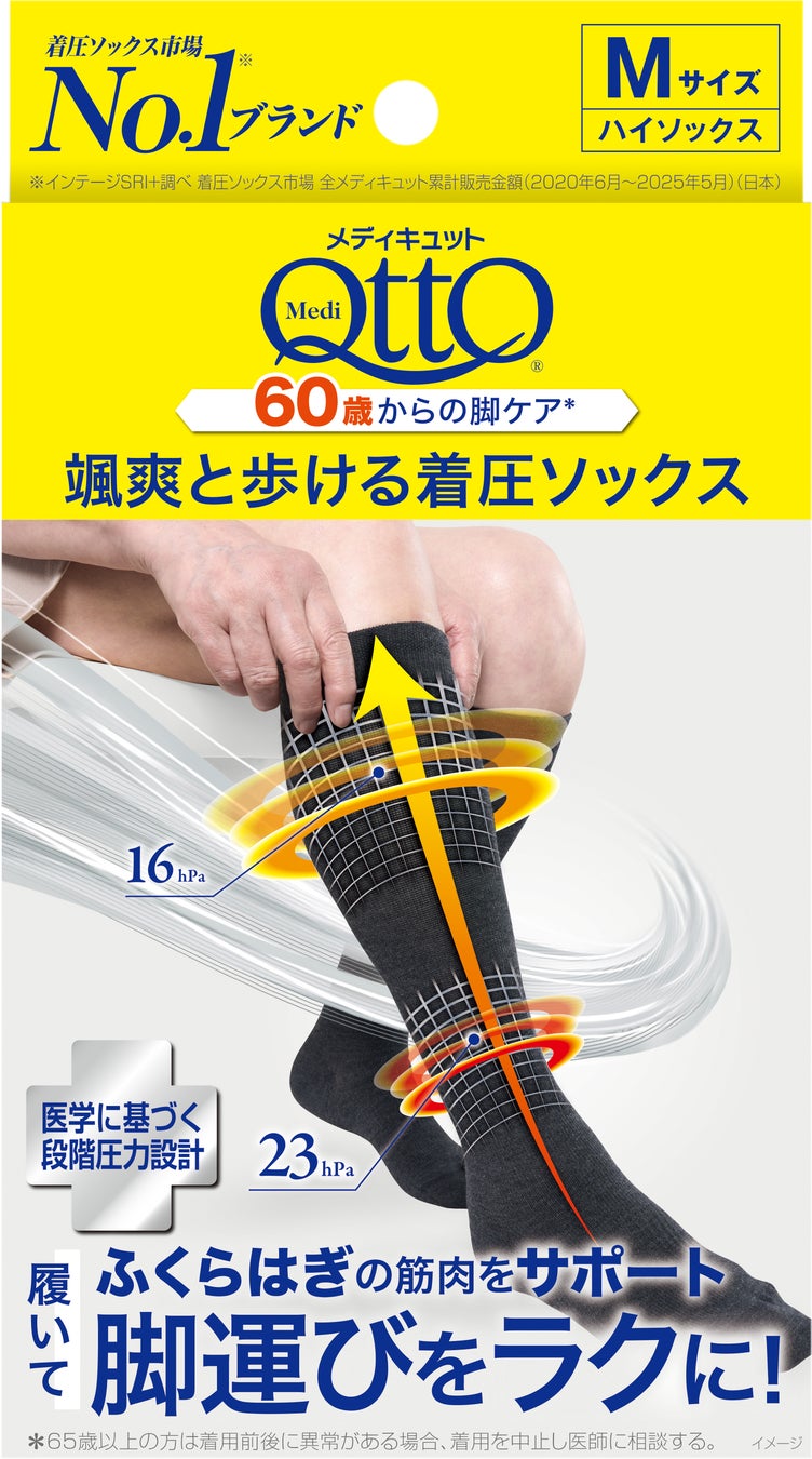 【新製品】メディキュットから、60歳からの脚ケア*シリーズ「颯爽と歩ける着圧ソックス」（雑貨）と「メディカル ひざ下」（一般医療機器）LLサイズが登場！
