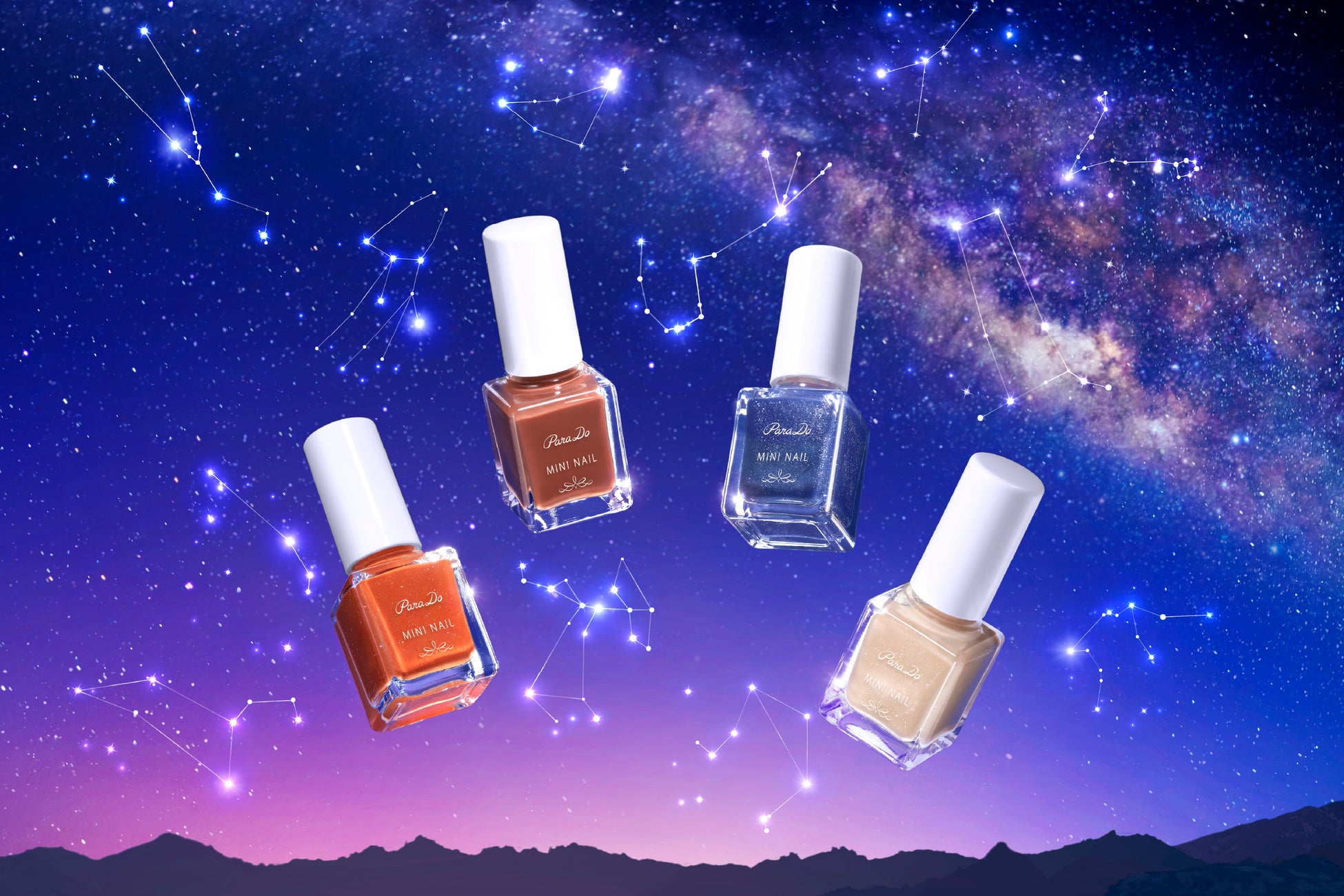 パラドゥの人気のミニネイルの冬のテーマは「12星座エレメント」。指先にまとう、美しき星の彩り。火、風、地、水をイメージした、モードな4色。