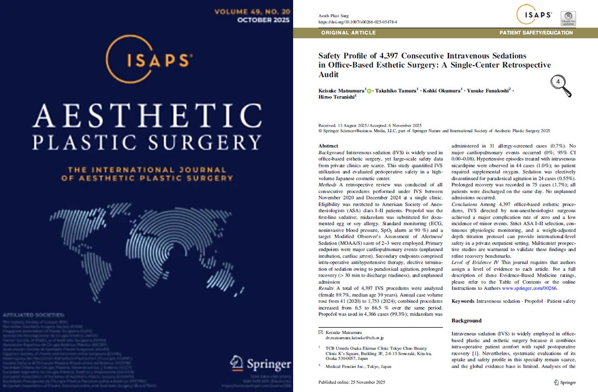 TCB松村圭祐医師らの論文が美容外科分野の国際学術誌「Aesthetic Plastic Surgery」に掲載。美容外科手術における静脈麻酔の利用実態と安全性を4,397件の大規模連続症例で検証。