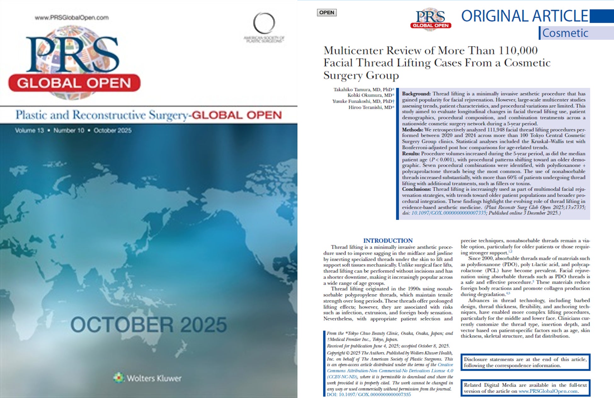 TCB田村貴彦医師らのスレッドリフト後方視研究が国際美容外科学術誌「PRS – Global Open」に掲載。全国100院以上、11万件超の症例を解析。