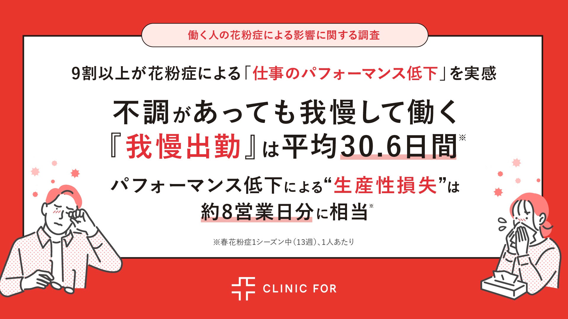 【働く人の花粉症による影響に関する調査】9割以上が花粉症による「仕事のパフォーマンス低下」を実感　不調があっても我慢して働く『我慢出勤』は平均30.6日間※