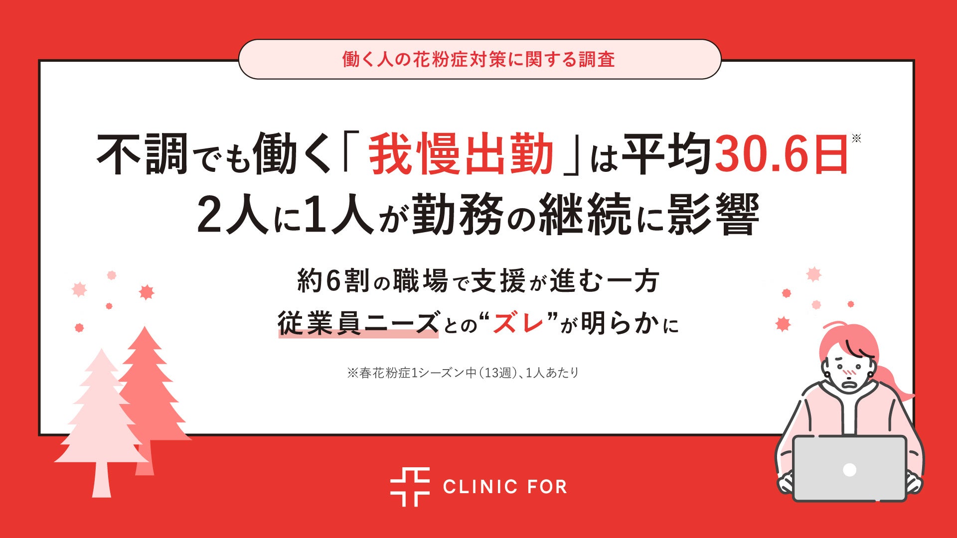【2026年花粉症 調査（第二弾）】不調でも働く「我慢出勤」は平均30.6日・2人に1人が勤務の継続に影響　約6割の職場で支援が進む一方、従業員ニーズとの“ズレ”が明らかに