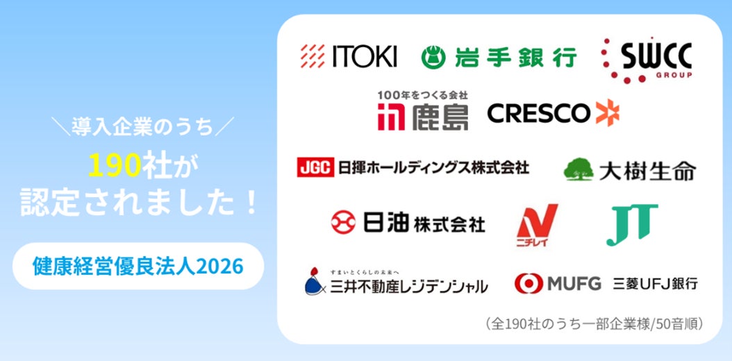 ヒューマネージのストレスチェック『Co-Labo』、健康管理システム『HealthCore』の導入企業190社が「健康経営優良法人2026」に認定