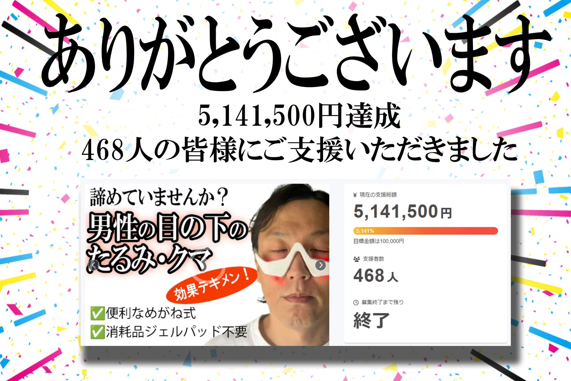 【5,141,500円突破】“めんどくさくない”から多くの男性に支持されました。消耗品も不要。かけるだけの目元ケア「3D Eye Beauty」好評につき第2弾スタート※特別10％OFFクーポン付き