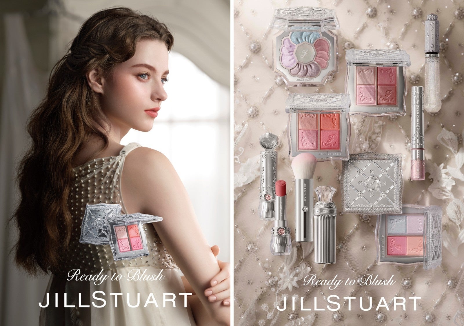 【ジルスチュアート　ビューティ】繊細な刺繍がきらめくドレスをコンセプトにしたサマーコレクション。ツヤ×フォギーの2つの質感と4色の彩りをミックス＆レイヤードして楽しむ新チークが登場。