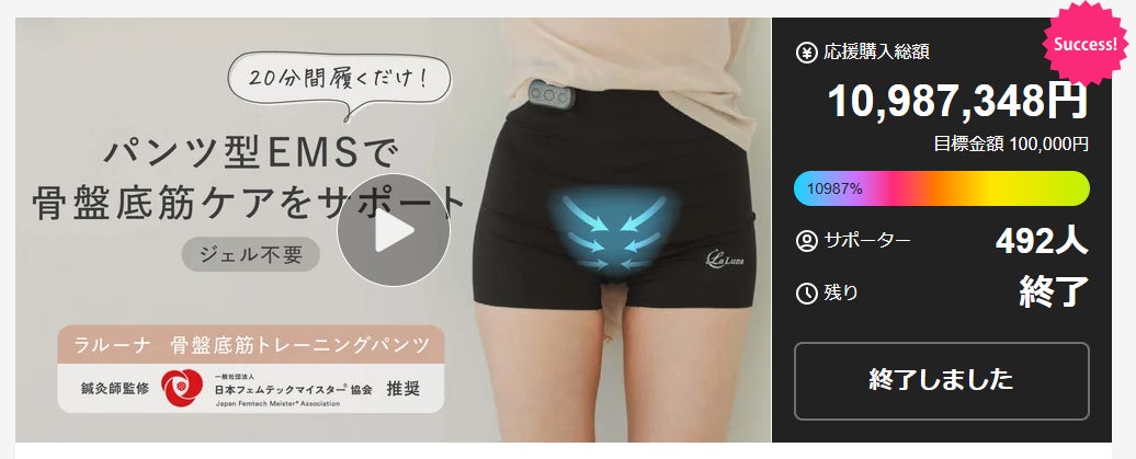 鍼灸師監修！骨盤底筋をEMSが“履くだけ”でトレーニング！Makuake応援総額1000万円突破・総合3位が一般販売を開始！