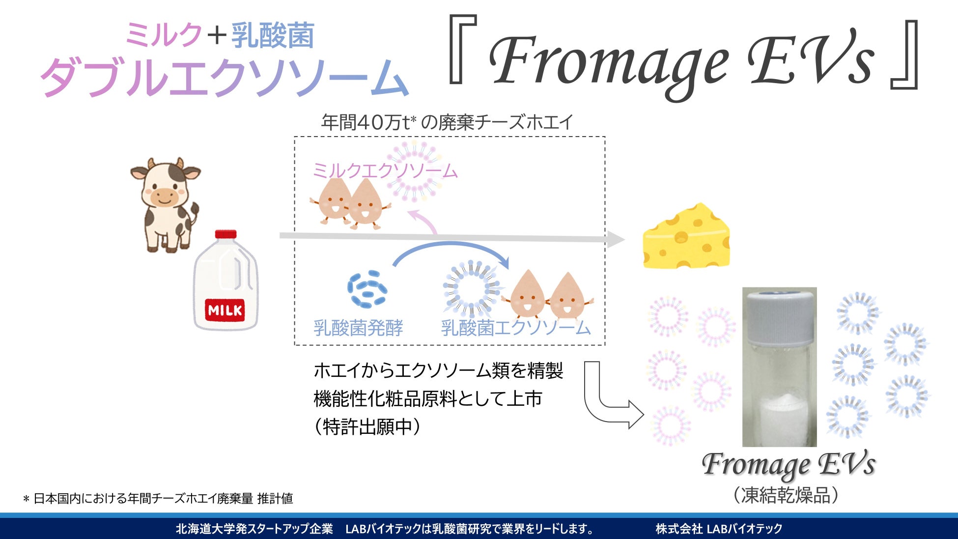 北海道大発株式会社LABバイオテック（本社：札幌市）は、 世界で初めて※「乳酸菌由来エクソソーム（EVs）を含んだダブルエクソソーム」を新規化粧品原料 とした【Fromage EVs】を開発しました。