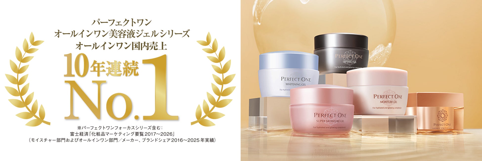 累計販売実績9,000万個を突破しているパーフェクトワン オールインワン美容液ジェルシリーズが国内売上10年連続No.1を獲得