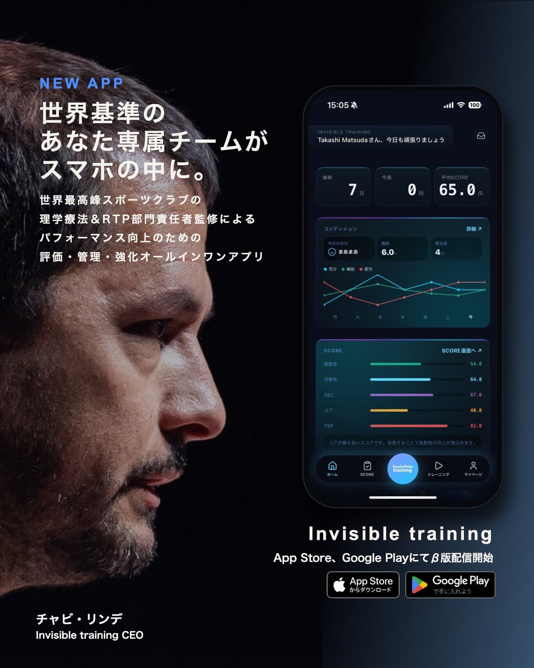 世界最高峰スポーツクラブのフィジカルメソッド責任者を監修に『あなた専属チーム』を提供するパフォーマンスアプリ「Invisible training （インビジブル・トレーニング）」が7月1日リリース