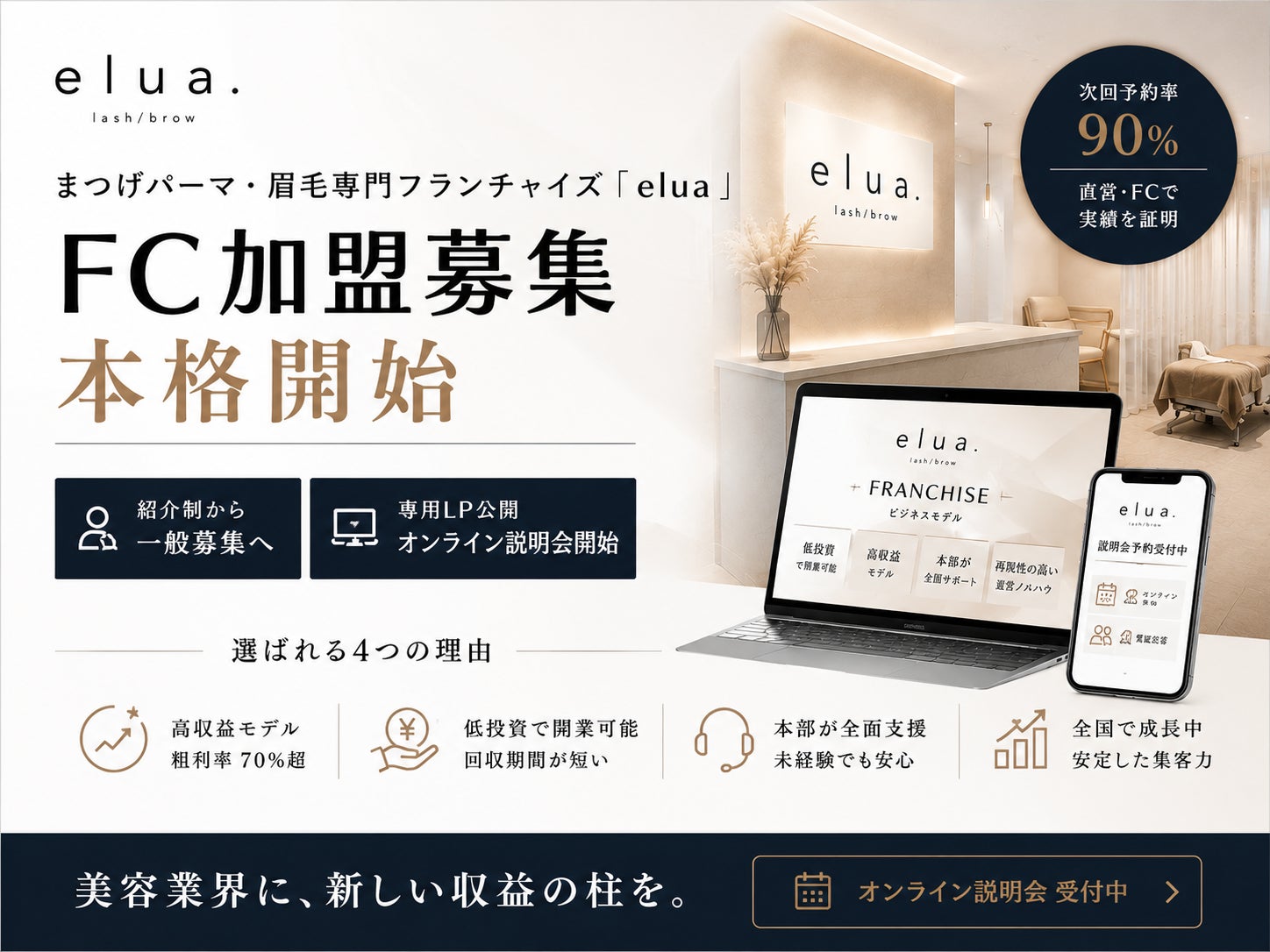 まつげパーマ・眉毛専門フランチャイズ「elua」、FC加盟募集を本格開始──紹介制から一般募集へ、専用LP公開とオンライン説明会を開始