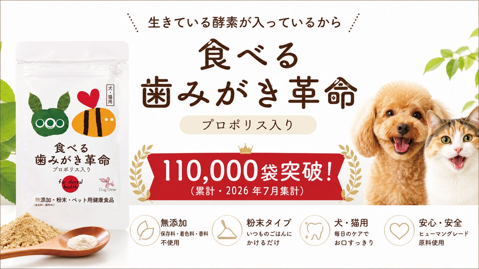 犬・猫の”ごはんにかけるだけ”デンタルケア「食べる歯磨き革命」、累計販売110,000袋を突破(2026年7月集計)の報告