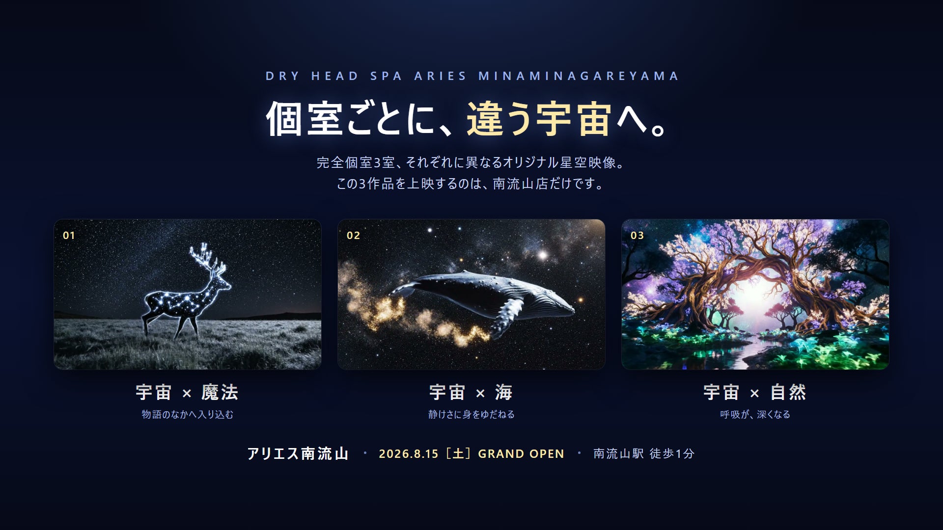 【個室ごとに変わる宇宙空間】ドライヘッドスパ専門店アリエス南流山が個室空間3室すべてに異なるオリジナル星空映像を導入し、2026年8月15日待望のＮｅｗｏｐｅｎ