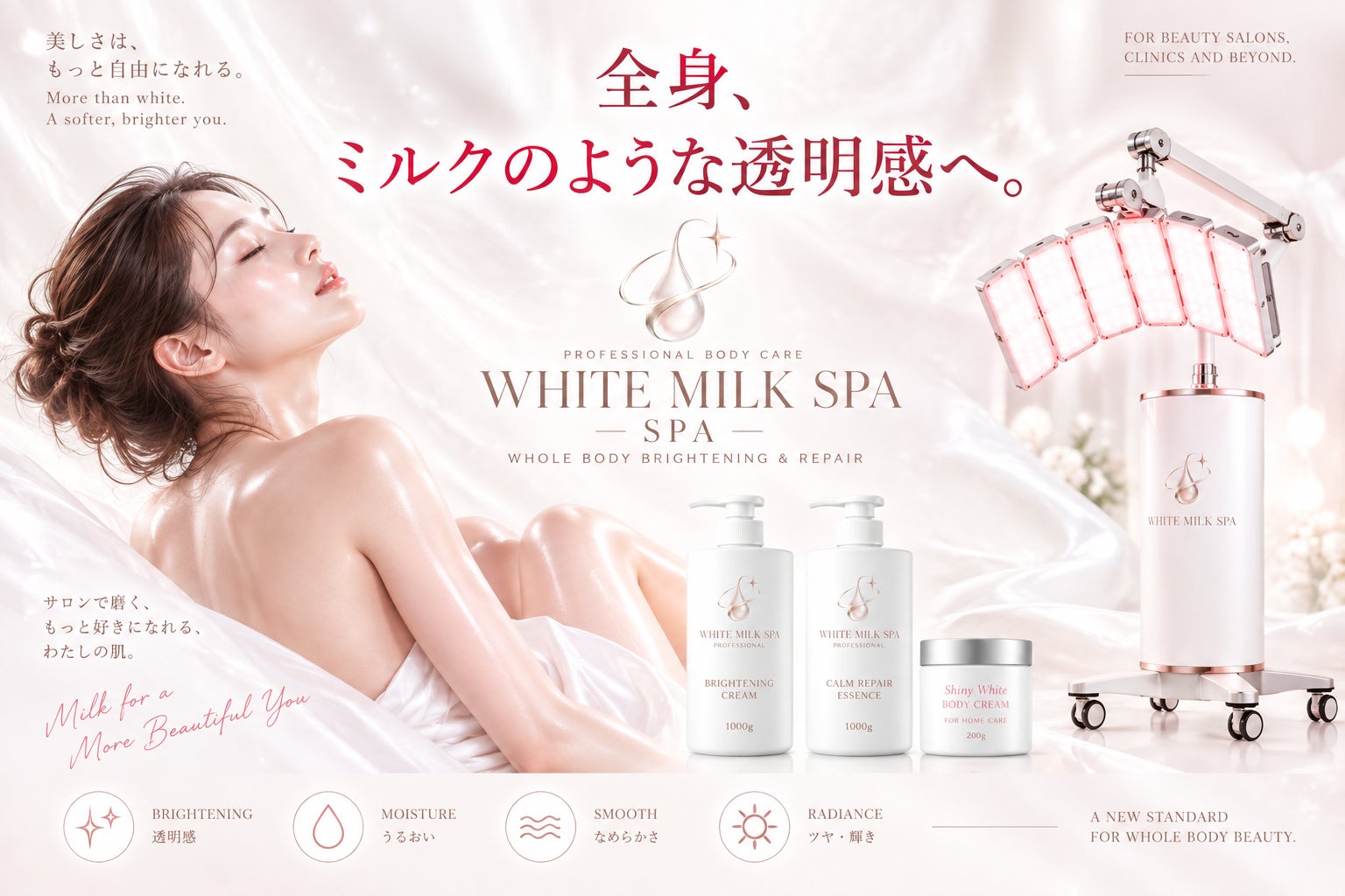 全身美容の新ブランド「WHITE MILK SPA（ホワイトミルクスパ）」誕生。光×オゾン化オイル発想×美容成分で、“ミルクのような透明感”を目指す新サロンメニューを展開